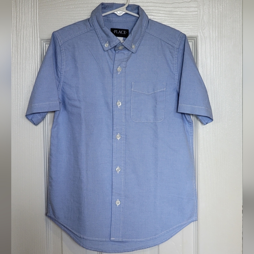 The Children's Place Blue Button Down Shirt Short Sleeve, M (7/8)